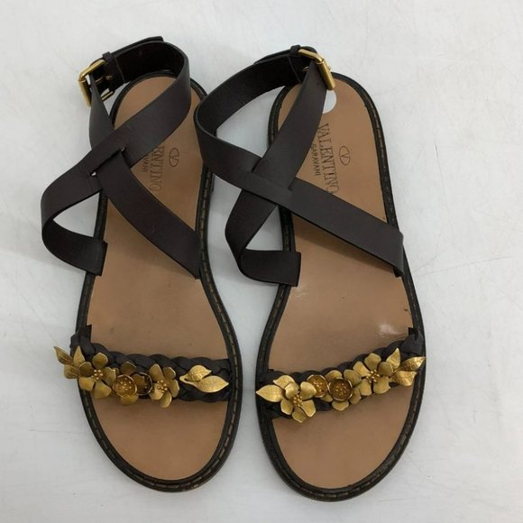 Valentino Garavani brown leather braided strappy sandals gold flower embroidery - Picture 8 of 14